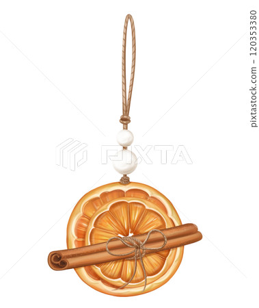 Dried orange slice, cinnamon eco-friendly Christmas tree toys. Hand drawn winter handmade decorations from recyclable material. Sustainable xmas tree. Xmas greeting design. Isolated illustration Dried orange slice, cinnamon eco-friendly Christmas tree toys. Hand drawn winter handmade decorations from recyclable material. Sustainable xmas tree. Xmas greeting design. Isolated illustration 120353380