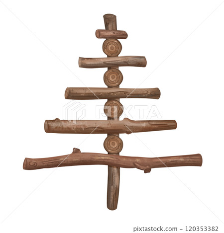 Eco-Friendly and Green Christmas tree from wooden boards. Sustainable xmas tree isolated illustration. Cozy and rustic winter hand made decorations made of eco-friendly materials in minimalist style Eco-Friendly and Green Christmas tree from wooden boards. Sustainable xmas tree isolated illustration. Cozy and rustic winter hand made decorations made of eco-friendly materials in minimalist style 120353382