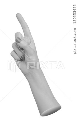 Female hand with index finger pointing upward, isolated on a white background. Gesture indicating 120353423