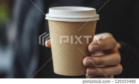 A person holding a disposable coffee cup A person holding a disposable coffee cup 120353480