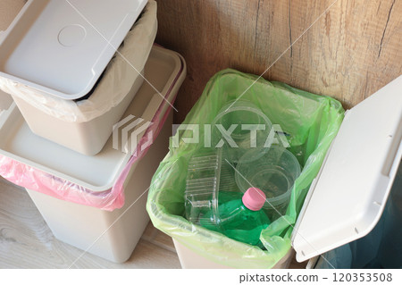 Separate sorting of garbage at home. Colorful bags and containers. Ecology and safe waste.  120353508