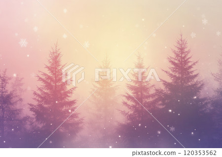 A serene winter landscape featuring snow-covered evergreens under a soft pastel sky at dawn 120353562
