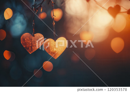 Golden heart decorations hanging from a tree branch during sunset, creating a warm and romantic atmosphere in nature Golden heart decorations hanging from a tree branch during sunset, creating a warm and romantic atmosphere in nature 120353578