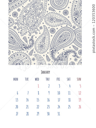 Calendar 2025 January page template with monochrome black and white paisley pattern 120353600