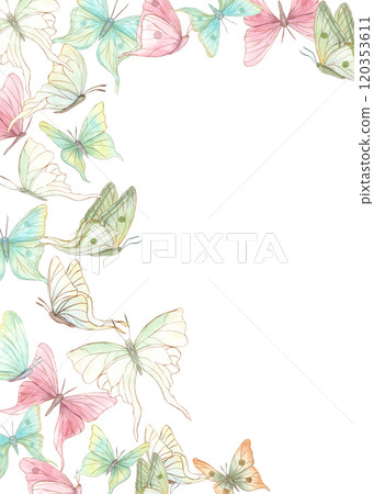 Watercolor fluttering delicate abstract butterflies vertical rectangle frame. Pastel colored tropical insect hand drawn illustration for greeting cards. invitations. Empty space for text. 120353611