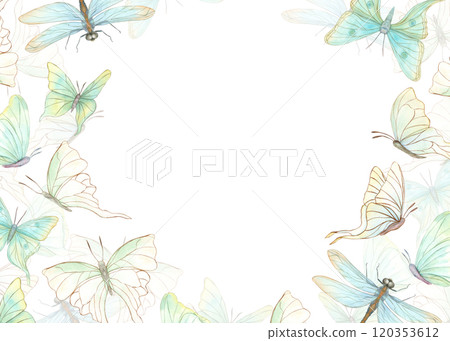 Watercolor fluttering delicate abstract butterflies and damselflies rectangle frame. Colored tropical insects hand painted illustration for greeting cards, invitations. Empty space for text. Watercolor fluttering delicate abstract butterflies and damselflies rectangle frame. Colored tropical insects hand painted illustration for greeting cards, invitations. Empty space for text. 120353612