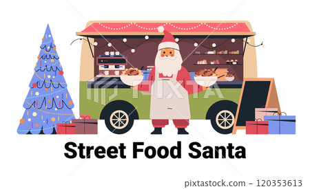 Santa serving food at festive truck with Christmas tree gifts lights holiday scene colorful design template 120353613