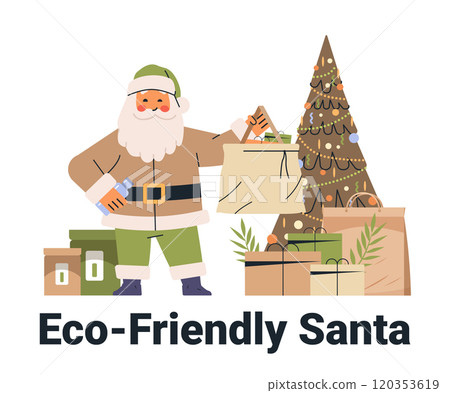 Eco-Friendly Santa holding reusable bags green Christmas tree presents sustainable holiday theme flat design Eco-Friendly Santa holding reusable bags green Christmas tree presents sustainable holiday theme flat design 120353619