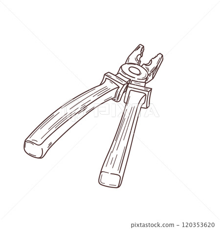 Outline pliers art. Isolated hand tool in line style. Linear drawing of construction instrument. Isolated nippers icon Outline pliers art. Isolated hand tool in line style. Linear drawing of construction instrument. Isolated nippers icon 120353620