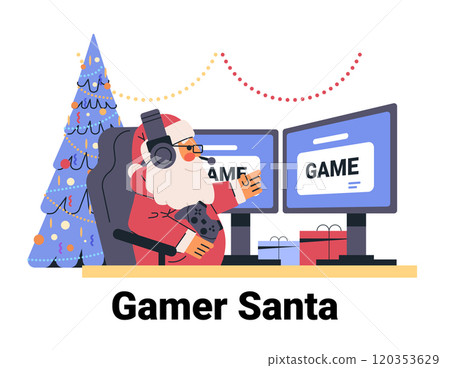 Gamer Santa playing video games on dual monitors wearing headset holding controller Christmas tree gifts festive decor holiday theme Gamer Santa playing video games on dual monitors wearing headset holding controller Christmas tree gifts festive decor holiday theme 120353629