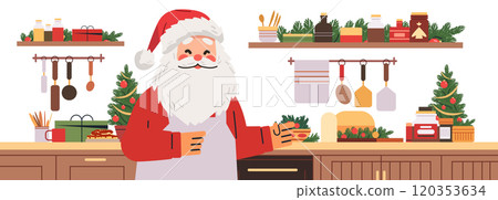 Santa Claus in kitchen cooking festive meal Christmas decorations gifts utensils shelves holiday setting Santa Claus in kitchen cooking festive meal Christmas decorations gifts utensils shelves holiday setting 120353634
