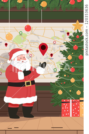Santa Claus holiday planning Christmas map festive scene with Santa pointing at a map location near a decorated tree with gifts colorful ornaments 120353636