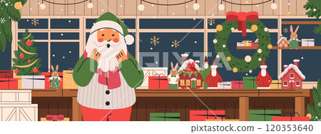 Santa Claus Christmas workshop festive scene with gifts decorations snowflakes Christmas tree wreath cozy interior design holiday atmosphere 120353640