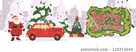 Santa Claus with red car snowy Christmas scene festive decorations Christmas tree gifts snowy background winter holiday theme 120353643