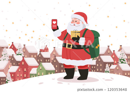 Santa Claus holding smartphone gift box snowy village background Christmas theme winter scene digital art 120353648