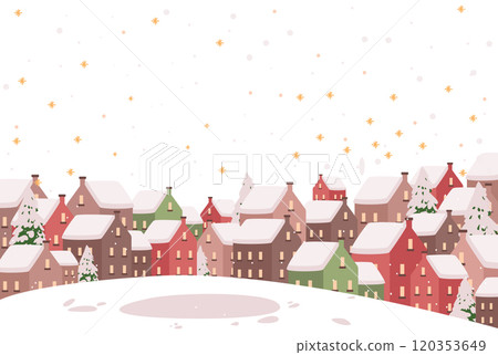 Winter village snowy landscape with colorful houses snow-covered roofs pine trees and falling snowflakes on white background. Holiday season theme 120353649