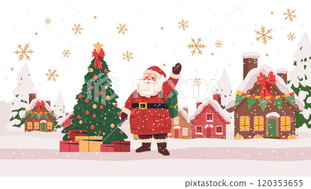 Santa Claus Christmas scene festive winter village snowflakes decorated tree presents snow-covered houses holiday celebration graphic design 120353655