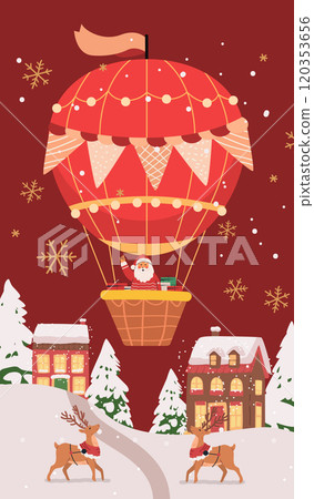 Santa in hot air balloon Christmas scene festive holiday winter landscape with reindeer snowflakes decorated houses snow-covered trees red background Santa in hot air balloon Christmas scene festive holiday winter landscape with reindeer snowflakes decorated houses snow-covered trees red background 120353656