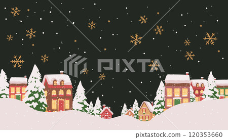 Winter village night scene snowflakes snowfall cozy houses pine trees snowy landscape festive holiday theme dark background 120353660