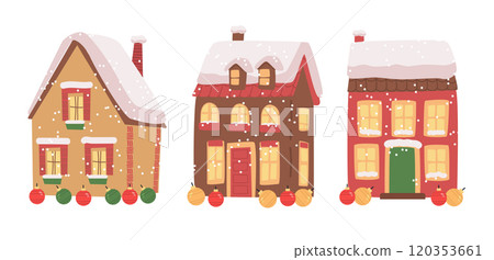 Winter houses with snow-covered roofs festive scene. Three colorful houses decorated with snowflakes and ornaments on a white background Winter houses with snow-covered roofs festive scene. Three colorful houses decorated with snowflakes and ornaments on a white background 120353661