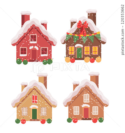Christmas gingerbread houses with snow festive decorations colorful ornaments winter theme cozy design holiday spirit 120353662