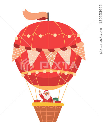 Santa Claus in hot air balloon waving with gifts festive red balloon design holiday theme Santa Claus in hot air balloon waving with gifts festive red balloon design holiday theme 120353663