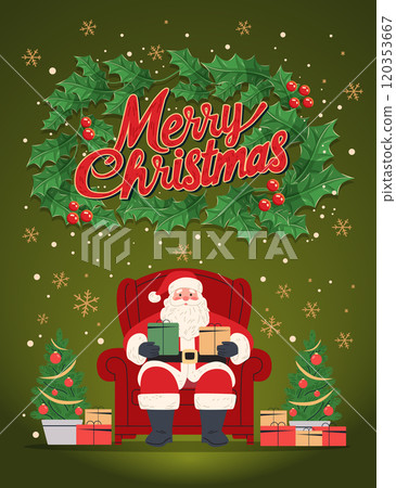 Santa Claus with gifts festive Christmas theme. Santa sits on a red chair holding presents surrounded by holly snowflakes and decorated trees on a green background Santa Claus with gifts festive Christmas theme. Santa sits on a red chair holding presents surrounded by holly snowflakes and decorated trees on a green background 120353667