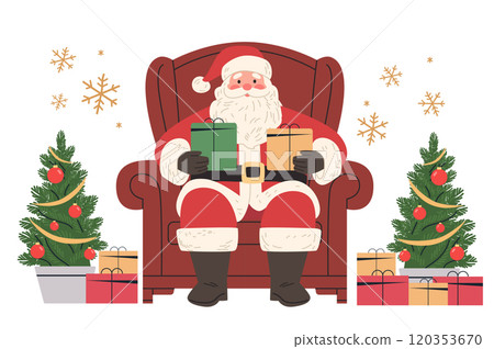 Santa Claus holding gifts Christmas scene festive decorations snowflakes armchair pine trees presents holiday cheer 120353670