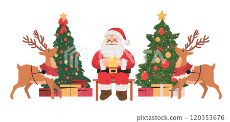 Santa Claus with reindeer and Christmas trees festive holiday scene gifts ornaments colorful design Santa Claus with reindeer and Christmas trees festive holiday scene gifts ornaments colorful design 120353676