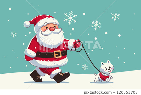Santa walking dog in snow festive scene cheerful winter landscape with snowflakes Santa in red suit dog in sweater holiday theme 120353705