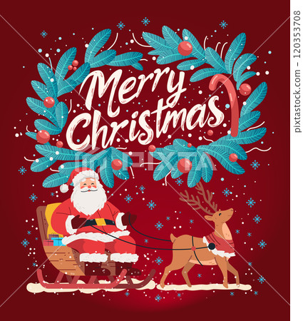 Santa Claus sleigh reindeer Christmas theme festive scene. Santa in sleigh with reindeer surrounded by pine branches and snowflakes on a red background 120353708