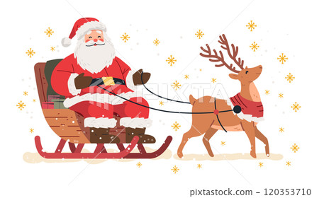 Santa sleigh reindeer festive winter scene cheerful holiday snowflakes gifts red suit Christmas design 120353710