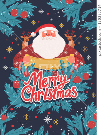 Santa Claus with reindeer festive theme Christmas scene with Santa holding a scroll surrounded by reindeer pine branches ornaments snowflakes dark background holiday design 120353714