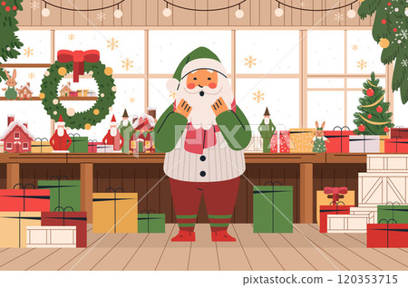 Santa Claus in festive workshop surrounded by gifts Christmas decorations and toys in cozy holiday setting with snowflakes and wreaths indoor scene Santa Claus in festive workshop surrounded by gifts Christmas decorations and toys in cozy holiday setting with snowflakes and wreaths indoor scene 120353715