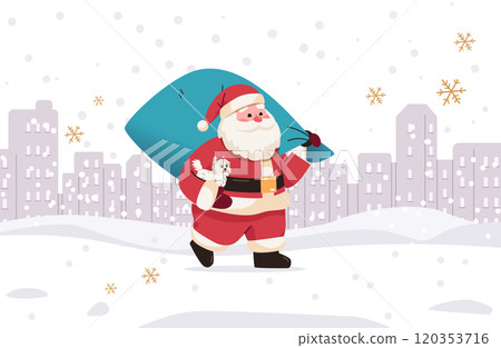 Santa Claus carrying gifts in snowy cityscape festive winter scene with dog snowflakes and buildings holiday celebration concept Santa Claus carrying gifts in snowy cityscape festive winter scene with dog snowflakes and buildings holiday celebration concept 120353716