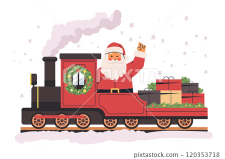 Santa on a festive train waving surrounded by gifts and snowflakes holiday theme colorful design 120353718