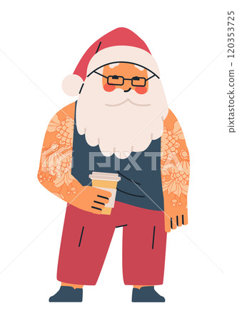 Hipster Santa Claus holding coffee cup tattoos casual outfit modern style festive theme 120353725
