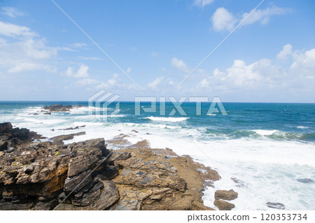 Verdicio beach view. Asturias coastline panorama, Spain Verdicio beach view. Asturias coastline panorama, Spain 120353734