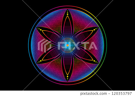 Seed Flower of life lotus icon, logo mandala sacred geometry, Pixel art design, light spectrum symbol of harmony and balance. Mystical talisman, vector round design isolated on black background  120353797