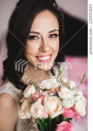 Luxury bride in white dress posing while preparing for the wedding ceremony 120353823