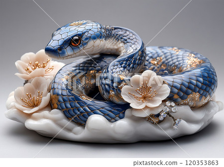 A blue and gold snake, sitting with waves. 120353863