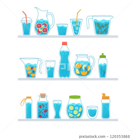 water drinks. different fresh drinks in jars and glasses standing on shelves 120353868