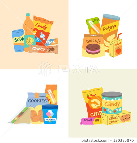 snack. fast food trash snack products biscuits chocolate bars crisps soda drinks KW vector flat illustrations 120353870