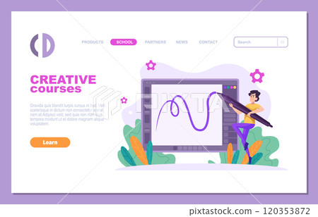school landing. creative courses web page UI template. character holding big stylus for drawing on tablets. 120353872