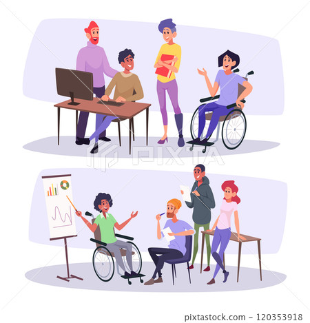 Inclusive people. Office disability persons inclusive managers indoor exact vector cartoon characters Inclusive people. Office disability persons inclusive managers indoor exact vector cartoon characters 120353918