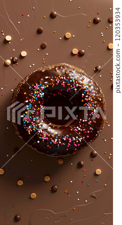 Donut with dark chocolate glaze, choco chips rainbow sprinkles. Banner stories reels shorts 120353934