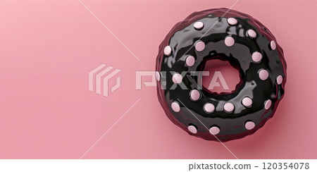 Black chocolate donut with white dots on pink background. Banner, copy space 120354078