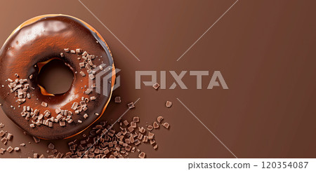 Donut with chocolate glaze, white sprinkles and choco balls. Banner, copy space 120354087