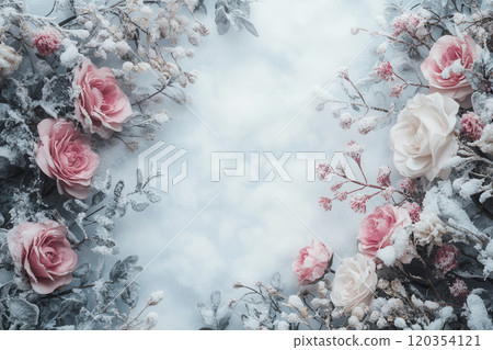 Winter floral arrangement featuring pink roses and frosty leaves on a snowy background in a serene setting 120354121