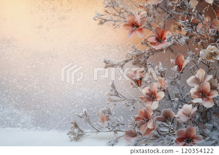 Delicate flowers covered in frost under soft morning light create a serene winter atmosphere in a quiet landscape setting 120354122